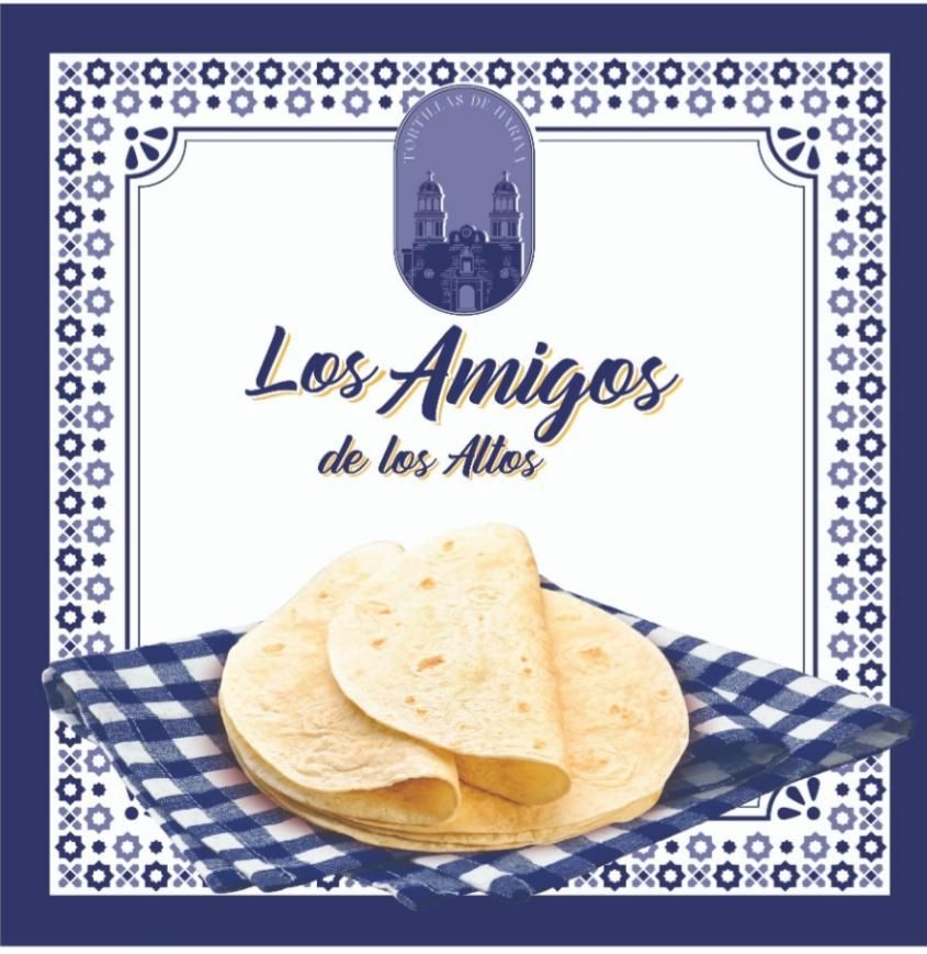 Front of the Los Amigos de los Altos bag: blue tile border, church badge and tortillas on a gingham cloth